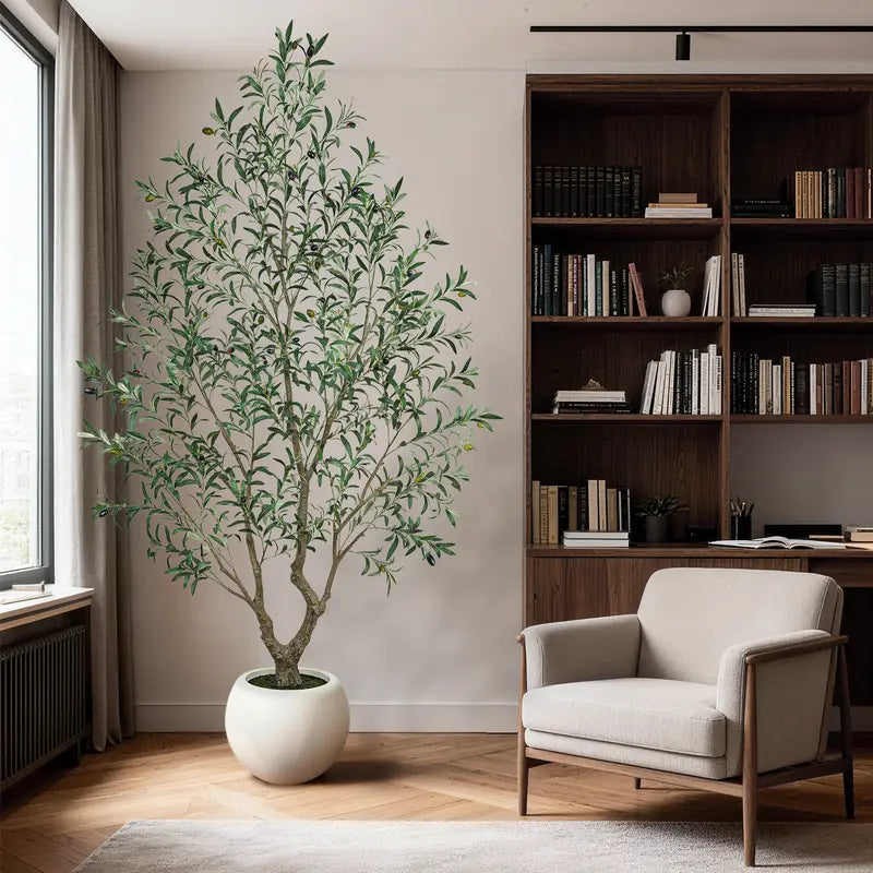 Realistic Artificial Olive Tree with Round White Pot