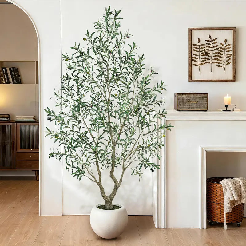 Realistic Artificial Olive Tree with Round White Pot