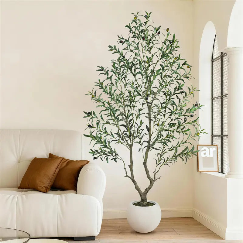 Realistic Artificial Olive Tree with Round White Pot