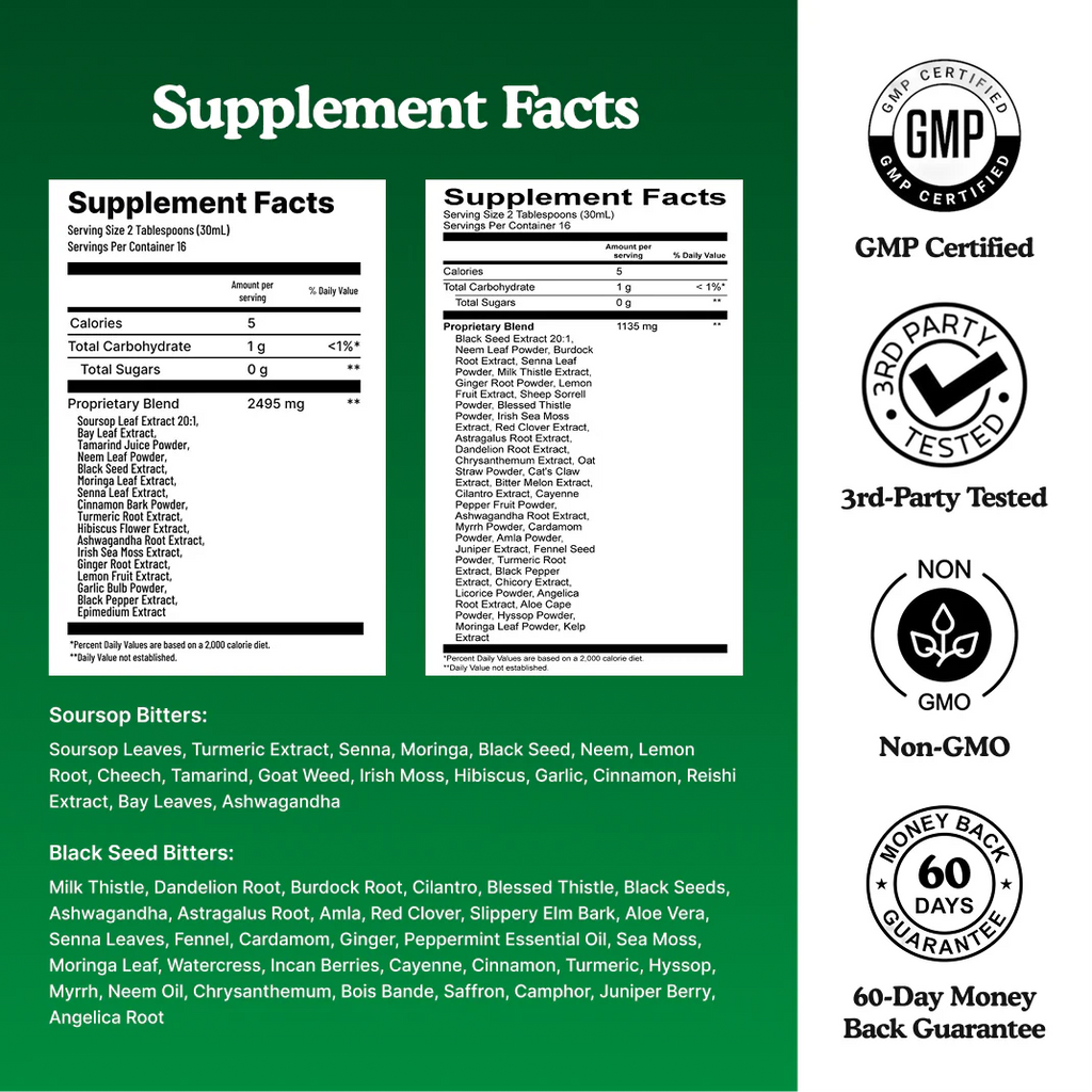 Soursop Bitters Liquid & Black Seed Bundle - 32 Servings (16 Each)