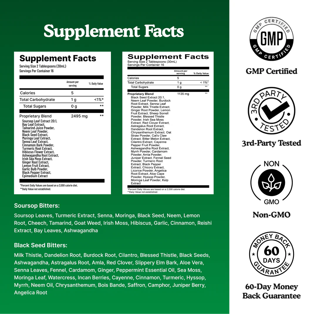 Soursop Bitters Liquid & Black Seed Bundle - 32 Servings (16 Each)