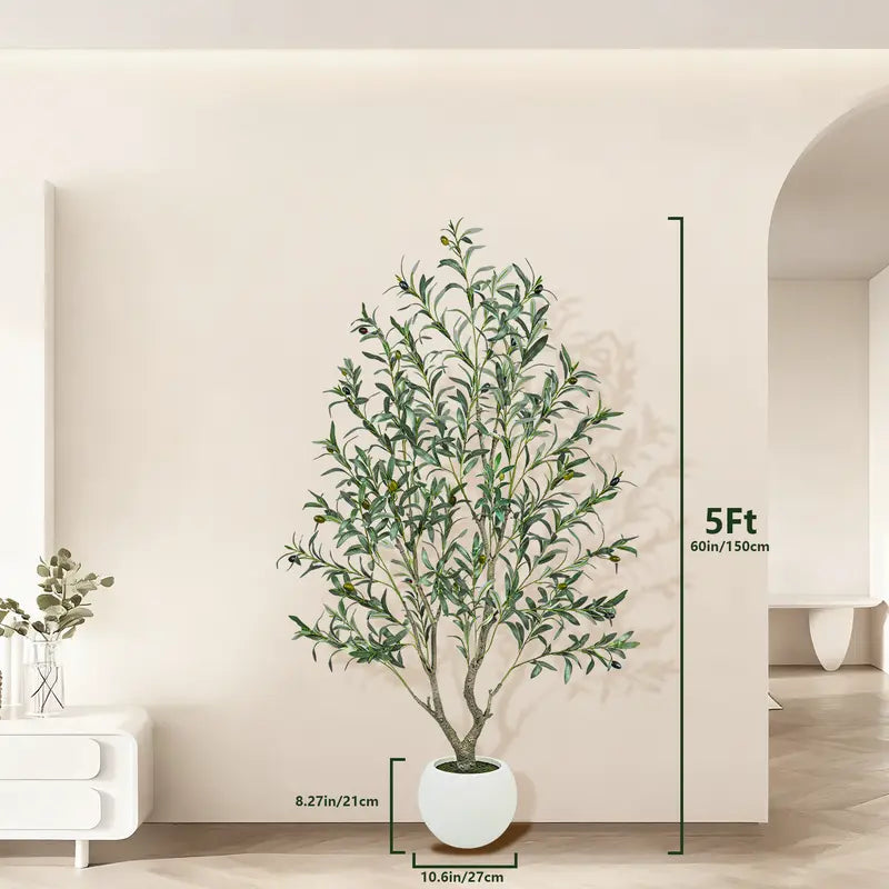 Realistic Artificial Olive Tree with Round White Pot