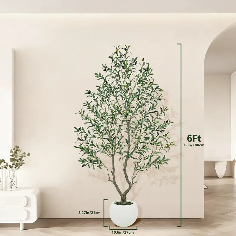 Realistic Artificial Olive Tree with Round White Pot