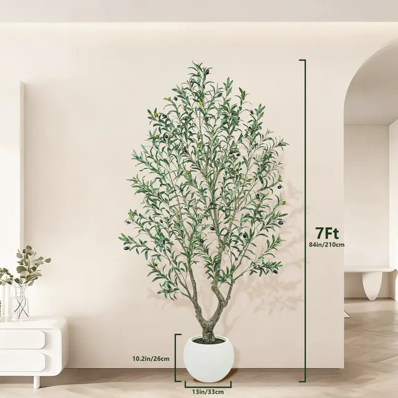 Realistic Artificial Olive Tree with Round White Pot