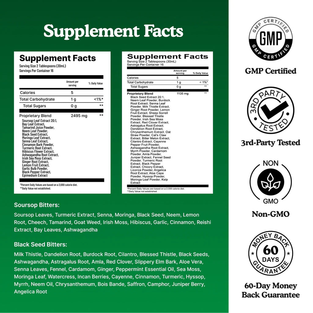 Soursop Bitters Liquid & Black Seed Bundle - 32 Servings (16 Each)